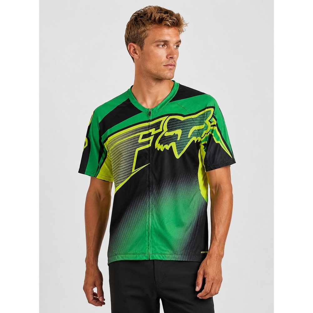 Fox Racing Cycling Jersey Green Black Full Zip Short Sleeve MTB Bike L